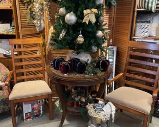 Amish hard wood arm chairs.  Excellent condtion. oversized seat.  198. for both Drexel round accent table with marble on top and bottom. $300 (retail 3,200)