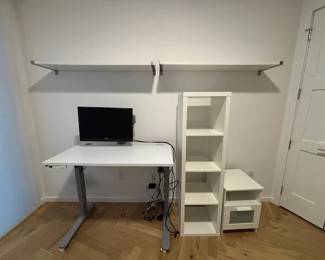 Uplift electric raising desk, Book shelf end tables and wall shelving