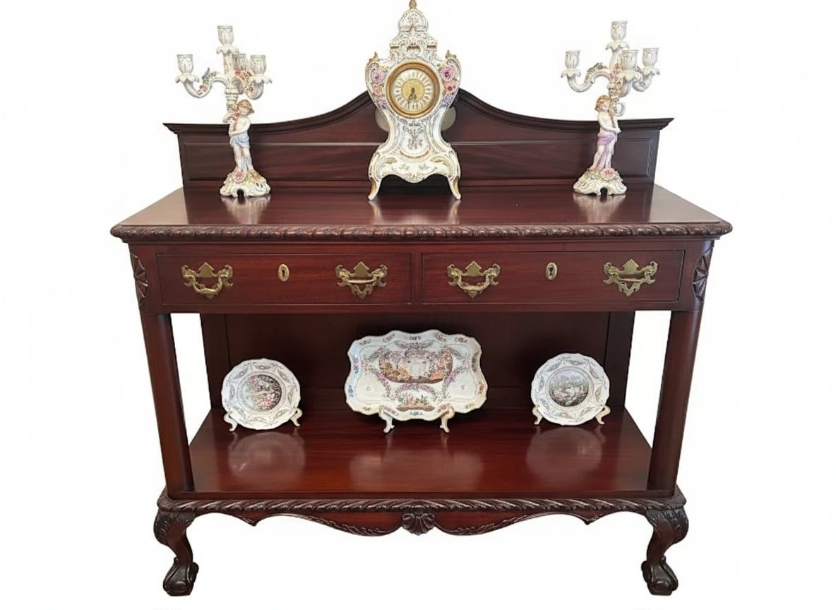 Chippendale Style Mahogany Sideboard with Porcelain Clock and Candelabra second image