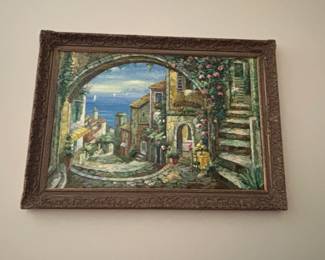 Impressionist Oil Painting of Italian Street Scene with Restaurant