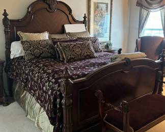 Mahogany Sleigh Bed with Carved Accents and Matching Bench second image