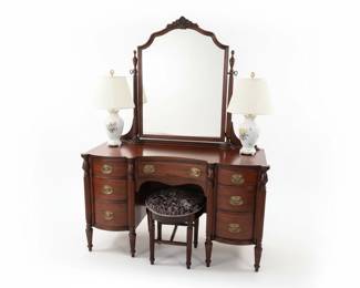 Antique Mahogany Serpentine Front Vanity with Mirror and Stool second image