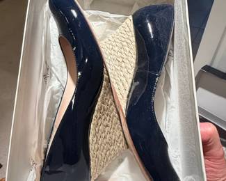 L.K. Bennett Zella Navy Patent Wedge Espadrilles