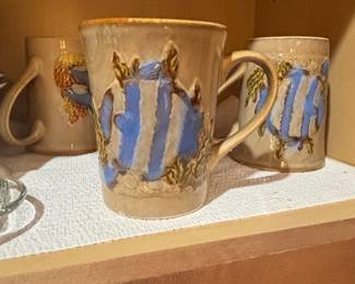 HandMolded Ceramic Mug with Blue and White Striped Fish Design