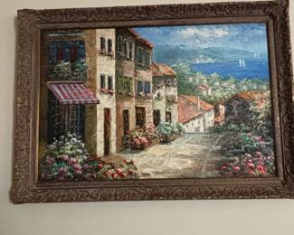 Impressionist Style Oil Painting of Mediterranean Village Scene by Sam Park