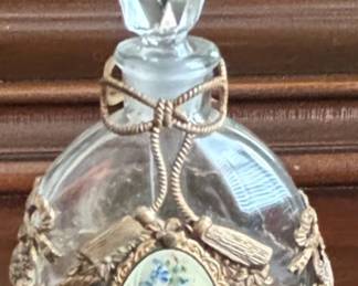 Vintage Crystal Perfume Bottle with Floral Enamel Medallion and Tassel Motif