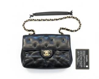 Chanel Vintage Black Lambskin Quilted Flap Handbag with X Stitch Detail and Authenticity Card