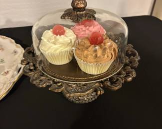 Vintage Style Cupcake Display Stand with Cloche and Dresden Germany Heart Dish