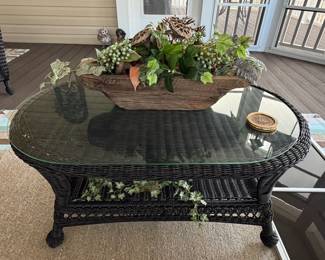 Wicker and Glass Top Coffee Table with Decorative Wood Bowl