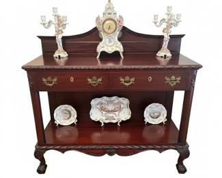 Chippendale Style Mahogany Sideboard with Porcelain Clock and Candelabra second image