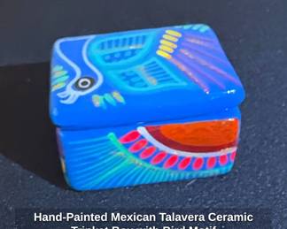 HandPainted Mexican Talavera Ceramic Trinket Box with Bird Motif