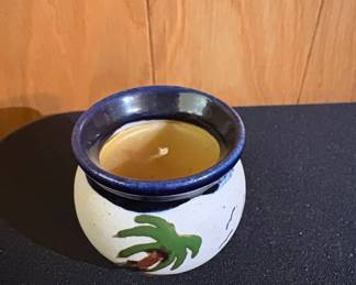 HandPainted Mexican Ceramic Candle Holder with Palm Frond