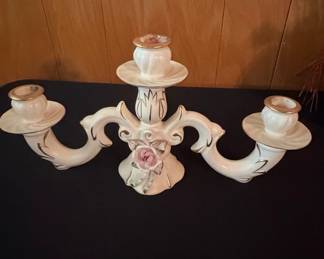 Vintage Cueramaro Mexico Ceramic Candelabra with Rose Detail