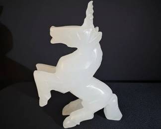 Carved Selenite Unicorn and Elephant Figurines