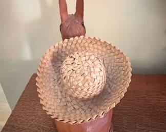 HandCarved Wooden Donkey Planter with Straw Hat third image