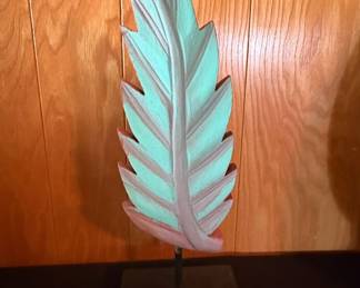 Carved Feather Sculpture on Metal Stand