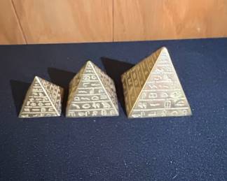 Set of Three Brass Egyptian Pyramids with Hieroglyphs