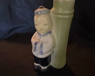 Vintage Made in Occupied Japan Chinese Boy and Bamboo Bud Vase