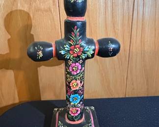 HandPainted Mexican Folk Art Cross with Floral Motifs