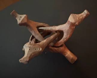 HandPainted Italian Ceramic Bowl with Floral Motif and Carved Wooden Tripod Stand fourth image