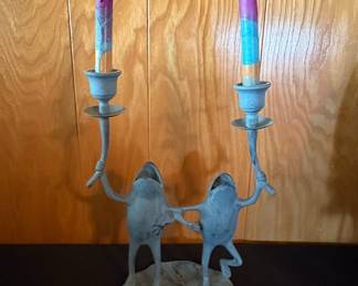 Vintage Bronze Dancing Frogs Candlestick Holder