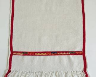 Vintage Handwoven Textile with Embroidered Band and Fringe