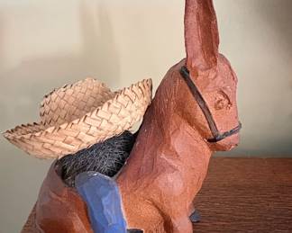 HandCarved Wooden Donkey Planter with Straw Hat second image