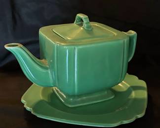 Vintage Homer Laughlin Riviera Green Teapot with Saucer