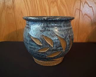Hand Carved Stoneware Vase with Leaf Motif