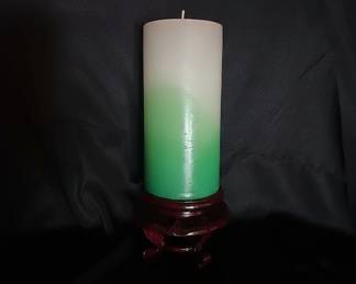 Gradient Pillar Candle on Carved Wooden Stand second image