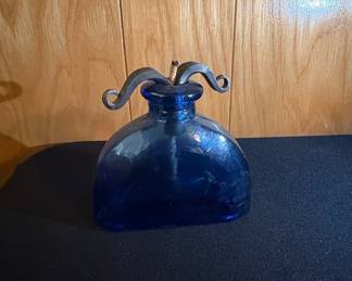 Cobalt Blue Glass Perfume Bottle with Wrought Iron Accent