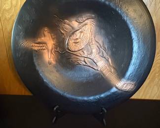 Vintage Embossed Copper Plate with Bird and Nest Motif Possibly John Pearson or similar Arts and Crafts style
