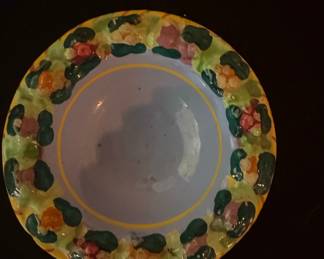 HandPainted Italian Ceramic Bowl with Floral Motif and Carved Wooden Tripod Stand