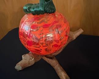 Blown Glass Pumpkin with Carved Wood Stand