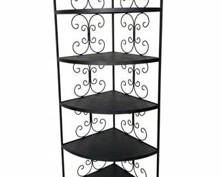 Black Wrought Iron Tier Corner Shelf Unit with Scrollwork