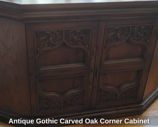 Antique Gothic Carved Oak Corner Cabinet