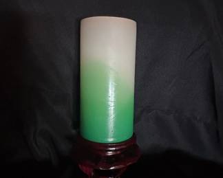 Gradient Pillar Candle on Carved Wooden Stand
