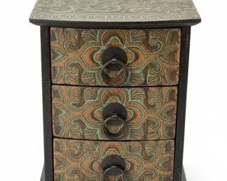 Vintage Florentine Style Carved Wooden Jewelry Box with Three Drawers