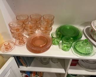 Rose, green and yellow depression glass 