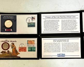 First Day Issue Cover (3) $1 Silver Coins, Half Dollar Coin and Stamps