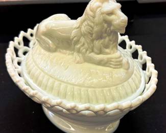 Westmoreland Lion on a Next Milk Glass with Dancing Sailor Lace