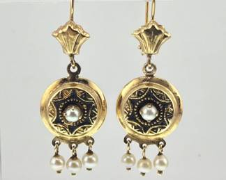Pair of marked 14kt enameled and freshwater pearl drop earrings