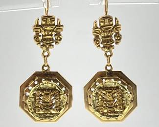 14kt and 18kt yellow gold Peruvian Incan inspired dangle earrings