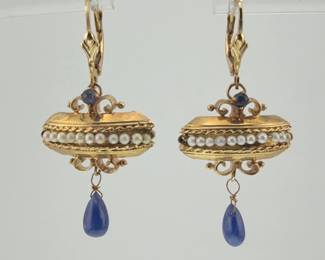 Pair of Victorian 14kt seed pearl and tear drop sapphire earrings