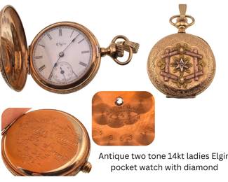 Antique two tone 14kt ladies Elgin pocket watch with diamond