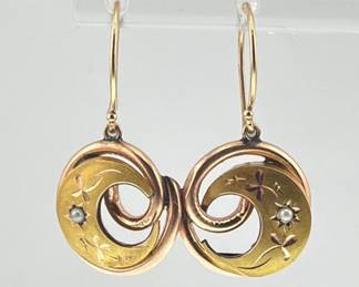 Marked 14kt dangle two tone crescent dangles with seed pearls