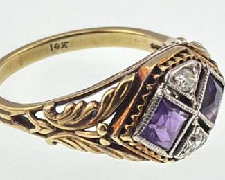 Edwardian 14kt multi tone amethyst and diamond dinner ring