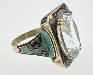 Art Deco aquamarine and enamel 14kt cocktail ring