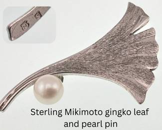 Sterling Mikimoto gingko leaf and pearl pin