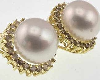 Pair of signed 14kt pearl and diamond clip earrings